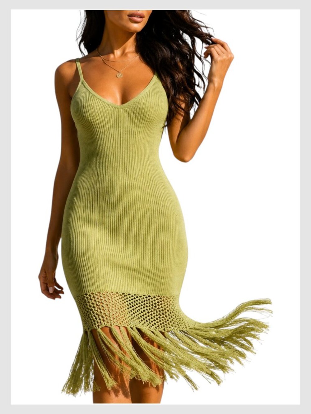 Lulus Midi Dress Ribbed Fringe Olive Size S